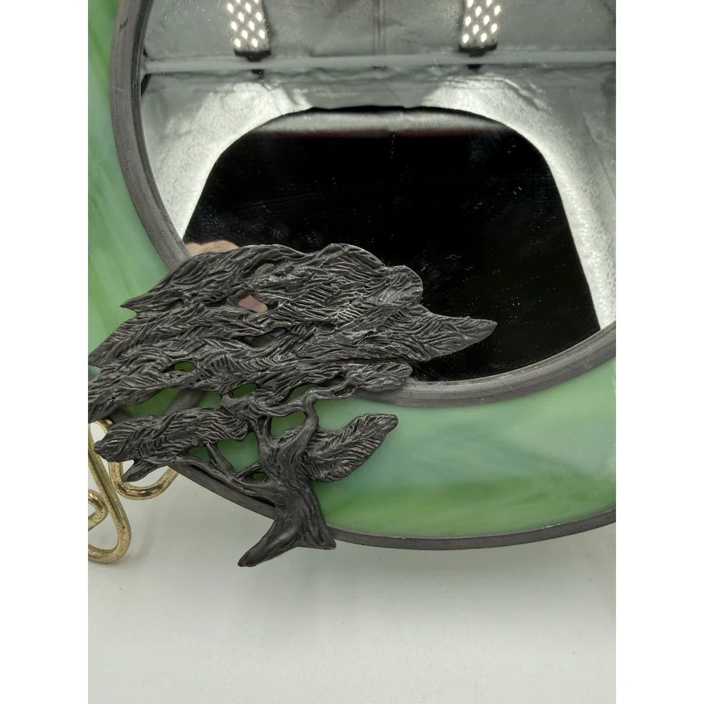 Round 8 in Green/Silver Framed Glass Accent Mirror, Tree‎ Theme,